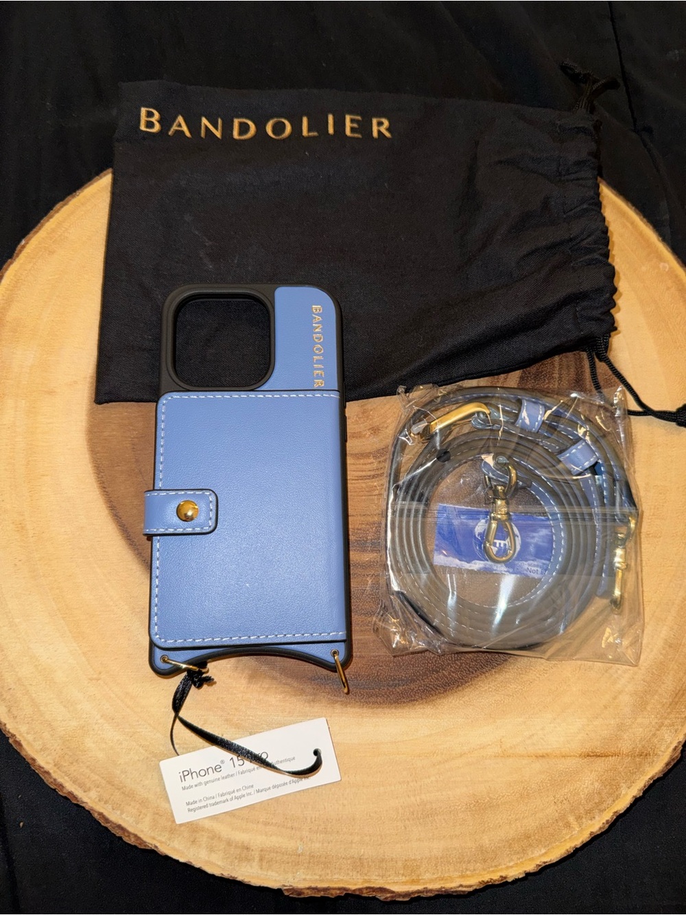 Bandolier Blue Leather Crossbody Phone Case with Gold Hardware IPhone 15 Pro